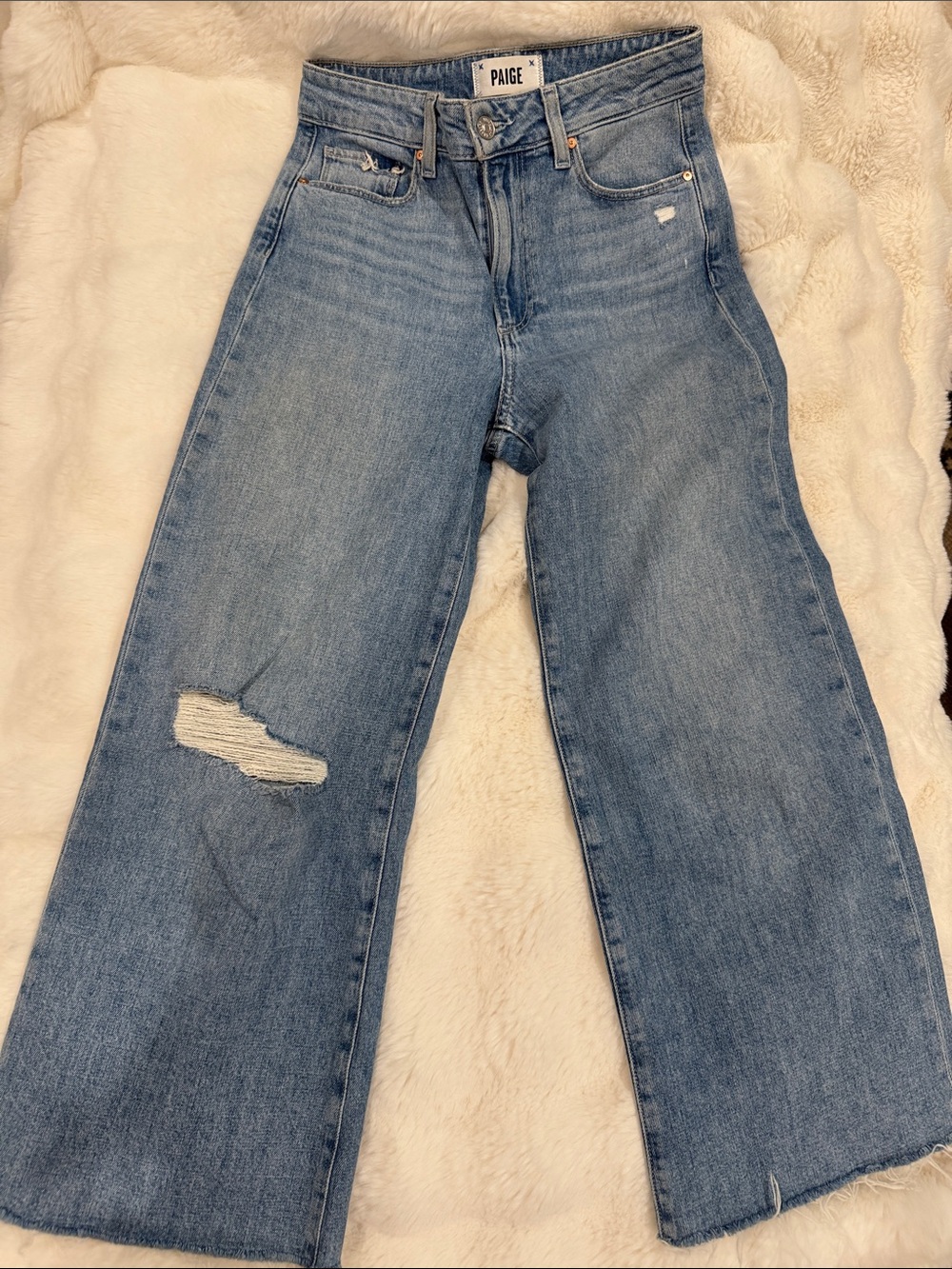 PAIGE Light Blue Wide-Leg Distressed Jeans